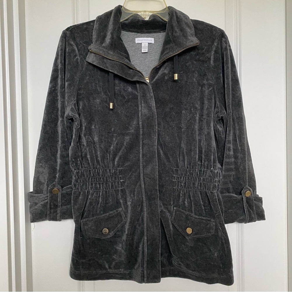 Charter Club Velour 3/4 Sleeve Zip Up Jacket - Medium - Gray